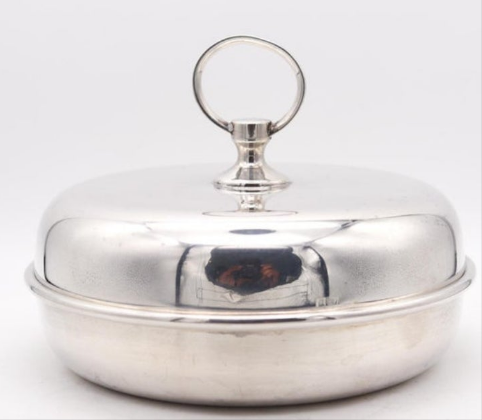 Hermes Paris 1960 Vintage Modernist Desk Box Round Covered Dish In silver