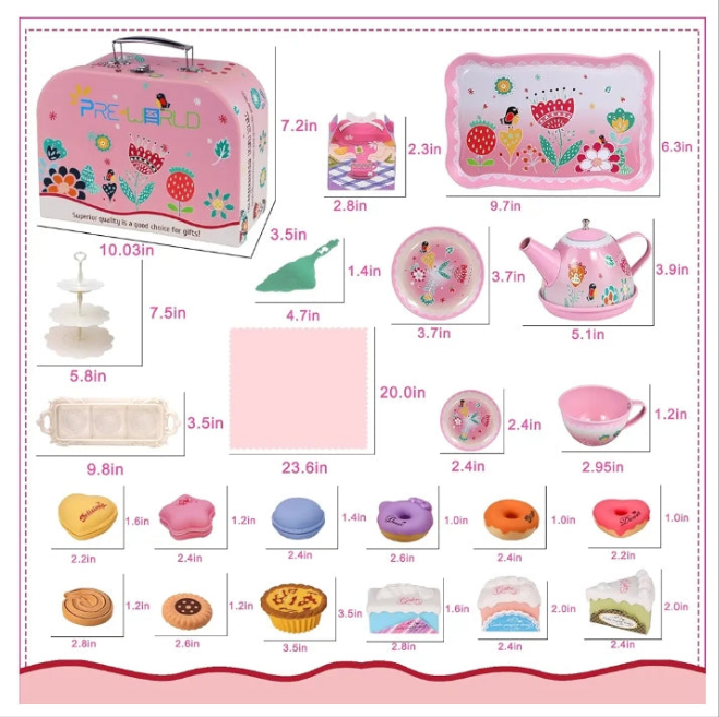 Tea Party Set for Little Girls,PRE-WORLD Princess Tea Time Toy Including Dessert,Cookies,Doughnut,Teapot Tray Cake, Tablecloth & Carrying Case,Kids Kitchen Pretend Play for Girls Boys Age 3+