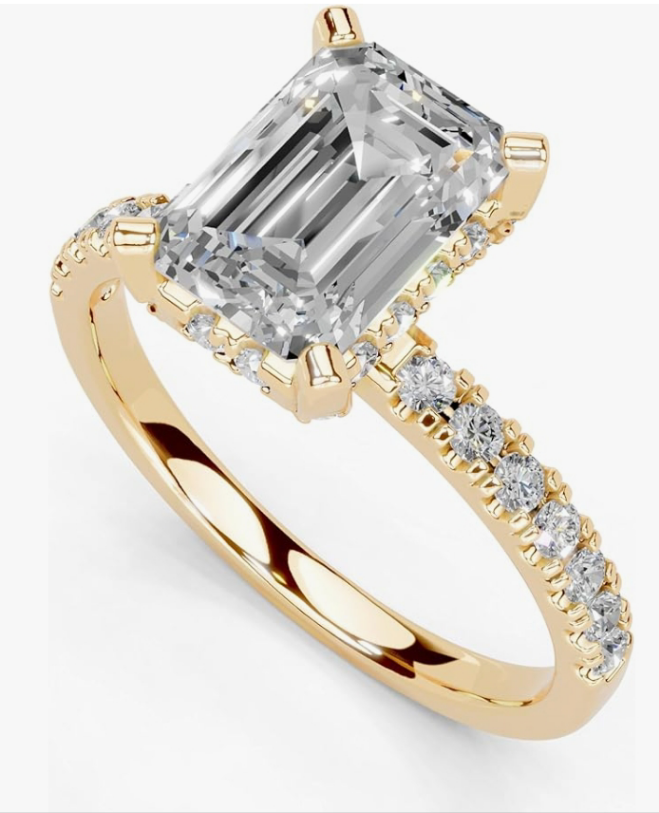Hidden Halo with Emerald Shape Lab Grown Diamond Engagement Ring For Women in 14K Gold, Platinum (0.25-5 Ct, F-G Color, VS1-VS2 Clarity) - IGI Certified