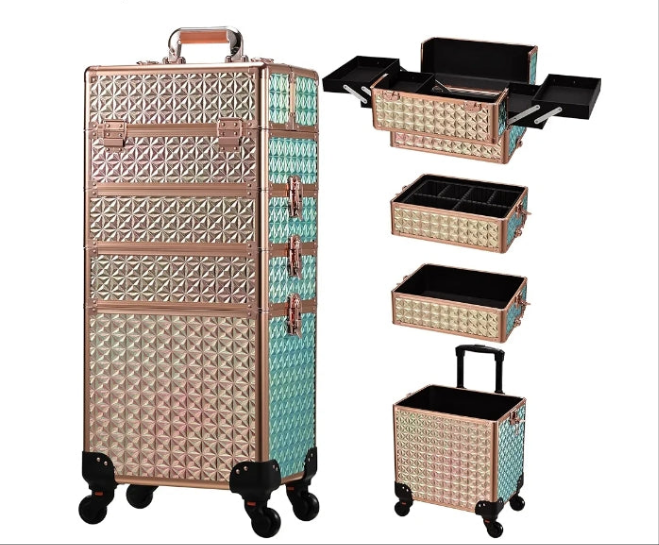 Rolling Makeup Train Case Large Storage Cosmetic Trolley 4 in 1 Large Capacity Trolley Makeup Travel Case with Key Swivel Wheels Salon Barber Case Traveling Cart Trunk