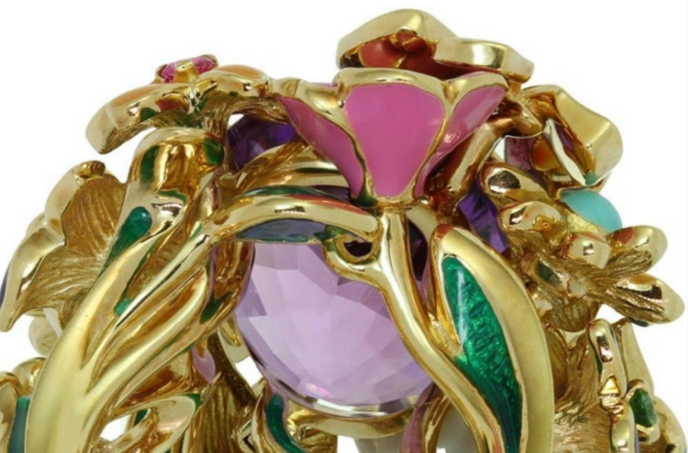 CHRISTIAN DIOR Diorette Amethyst Diamond Gemstone Yellow Gold Large Ring 19k White Gold