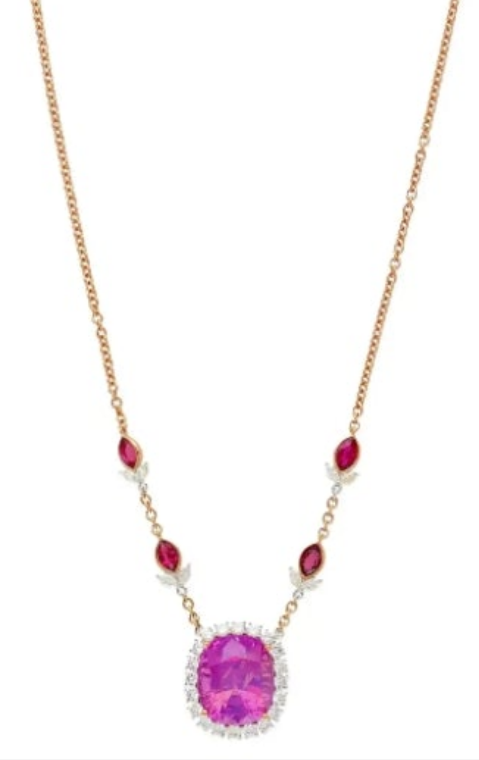AGL Certified 10.26 Carat Cushion Cut Pink Sapphire, Ruby, & Diamond Necklace