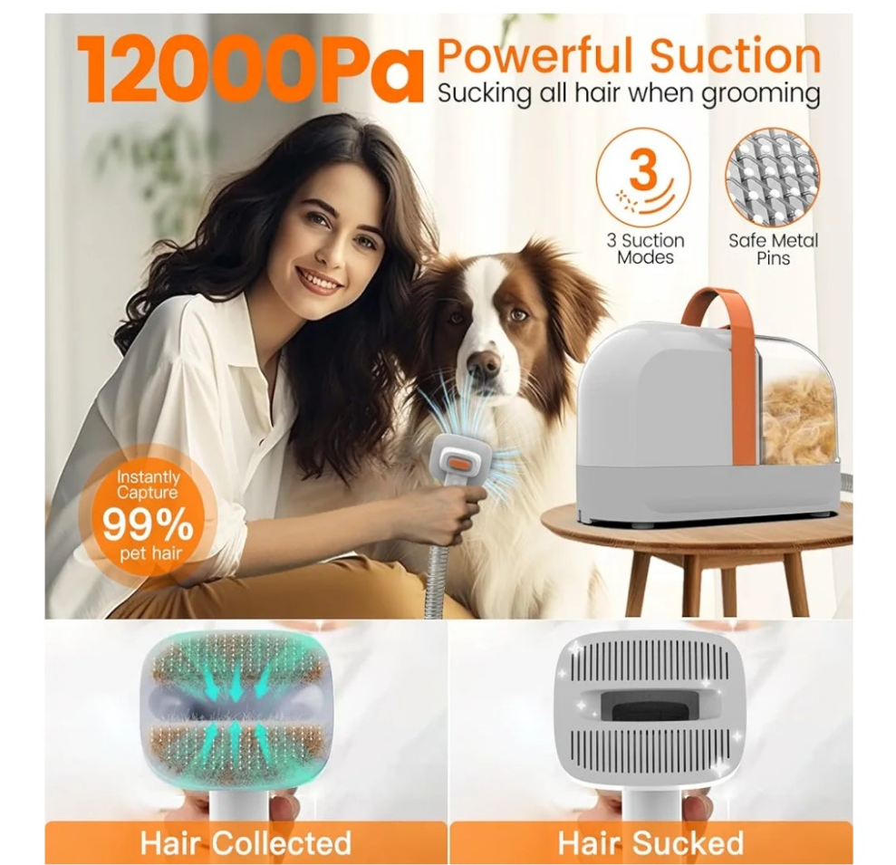 Dog Grooming Vacuum, Dog Grooming Kit with Pet Clippers, 12,000P a Pet Hair Grooming Vacuum for Dogs, Vacuum Brush for Shedding Grooming, Low Noise Home Cleaning Tool in 1,