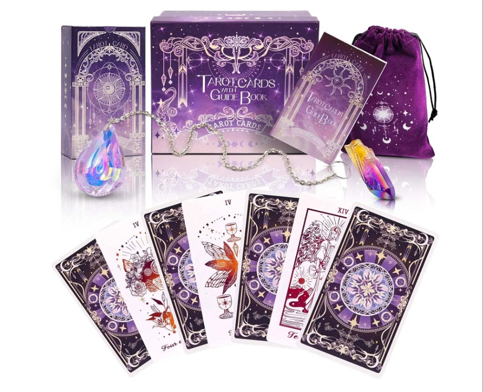 78 Tarot Cards with Guide Book - Tarot Deck Gift Set with Tarot Cloth, Chakra Stones & Tarot Bag, Purple Tarot Cards Fortune Telling Game Craft Cardboard for Beginners and Expert Readers