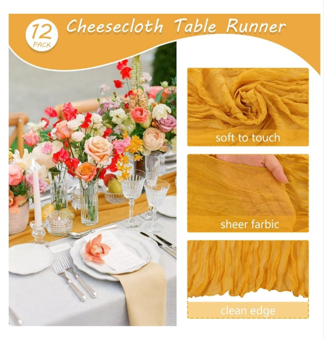 12 Pack 10Ft Cheesecloth Table Runner 35x120 Inch Boho Gauze Table Runner Rustic Cheese Cloth Long Table Runner Romantic Table Runner for Wedding Bridal Shower Birthday Party Table Decor