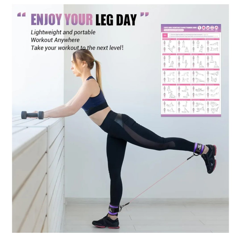 Ankle Resistance Bands with Cuffs, Ankle Bands for Working Out, Ankle Band Cuff for Kickbacks Hip, Leg Glute Exercise Equipment with Training Poster, Resistance Band with Ankle Cuffs for Women
