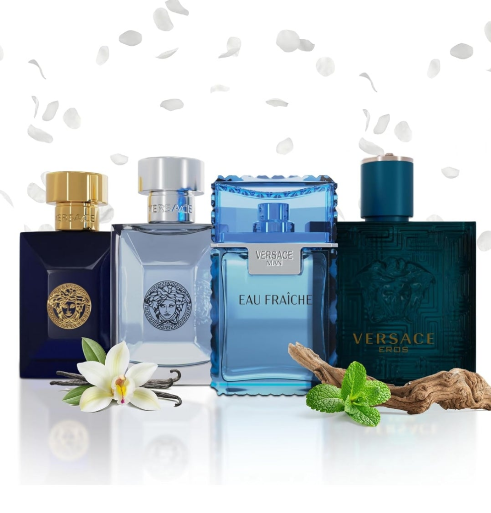 Versace Cologne for Men Set of 4 Mini Eros, Pour Homme, Dylan Blue, Eau Fraiche Perfume for Men Fragrance Sampler Set - Designer Mens Cologne Samples (4 Count, 0.17 oz)