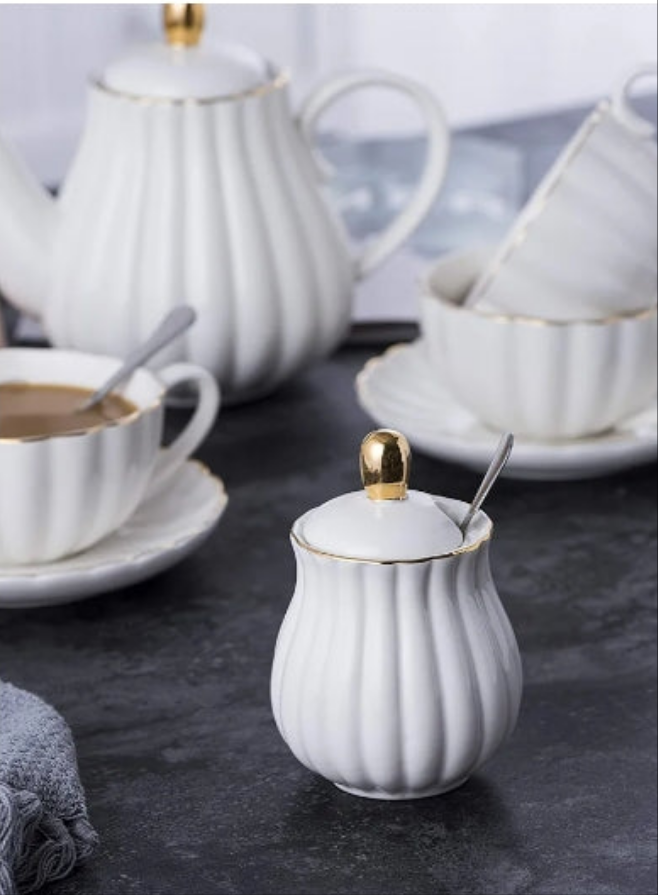 QUEEN BEE COLLECTION Porcelain Tea Set- 8 OZ Coffee Cup/Teacup, Saucer, Spoons, Teapot and Creamer set, 17-Pieces