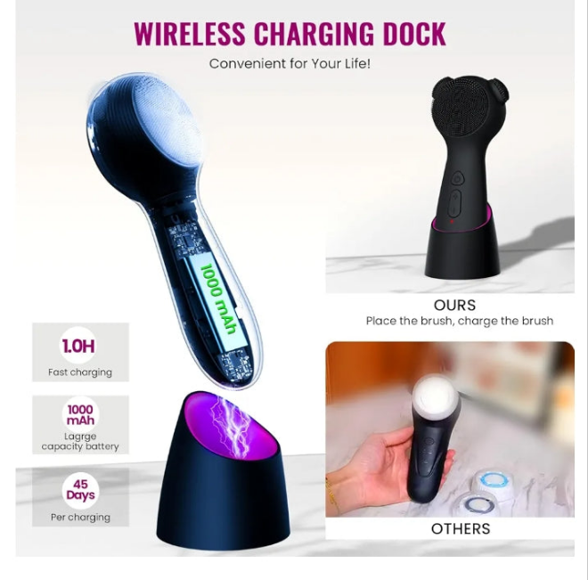 Silicone Face Scrubber Exfoliator Electric for Men Women, Rechargeable Facial Cleansing Brush with Wireless Charging Dock, Waterproof Sonic Vibrating Face Scrub Brush Cleanser for Exfoliating, Black