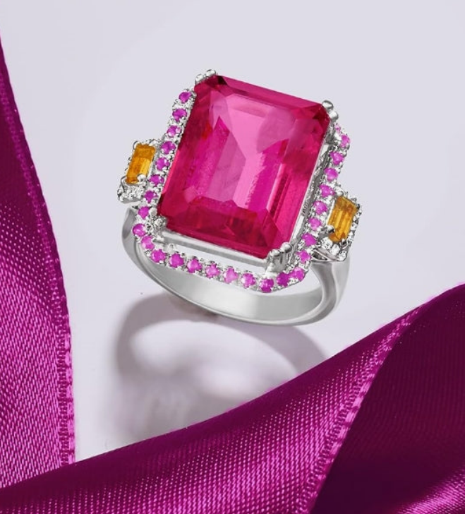 14.00 Carat Pink Topaz and .80 ct. t.w. Multi-Gemstone Ring in Sterling Silver