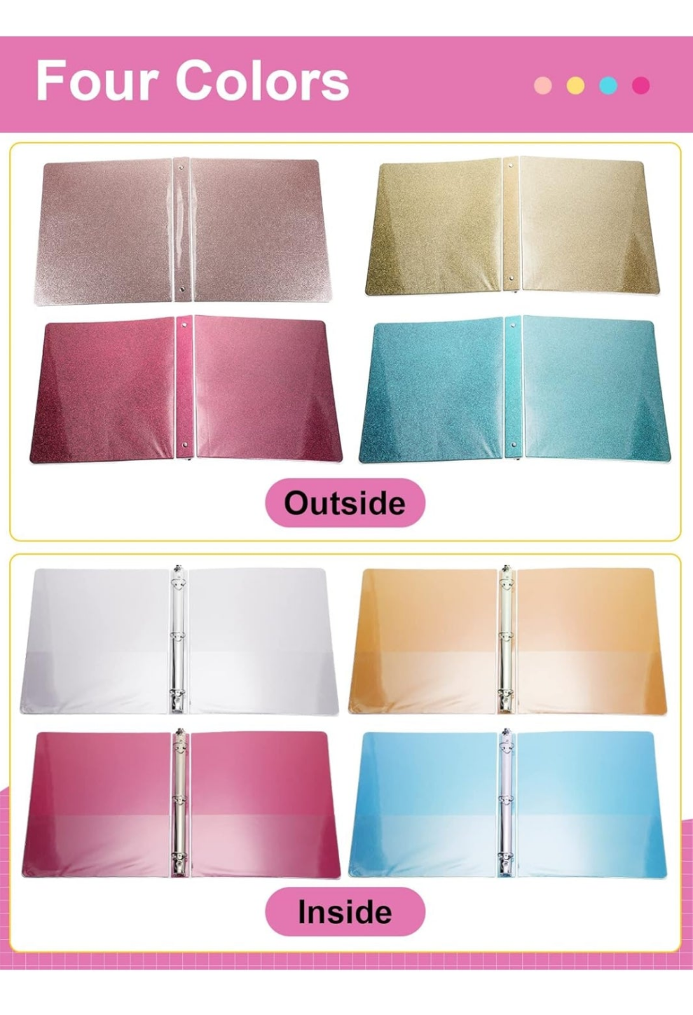 4 Pieces 3 Ring Binder Glitter 1 Inch Round Ring Binder Organizer Cute Office Accessories for Office, 11.61 x 10.24 x 1.38 Inches, Gold, Rose Pink, Rose Gold, Light Blue