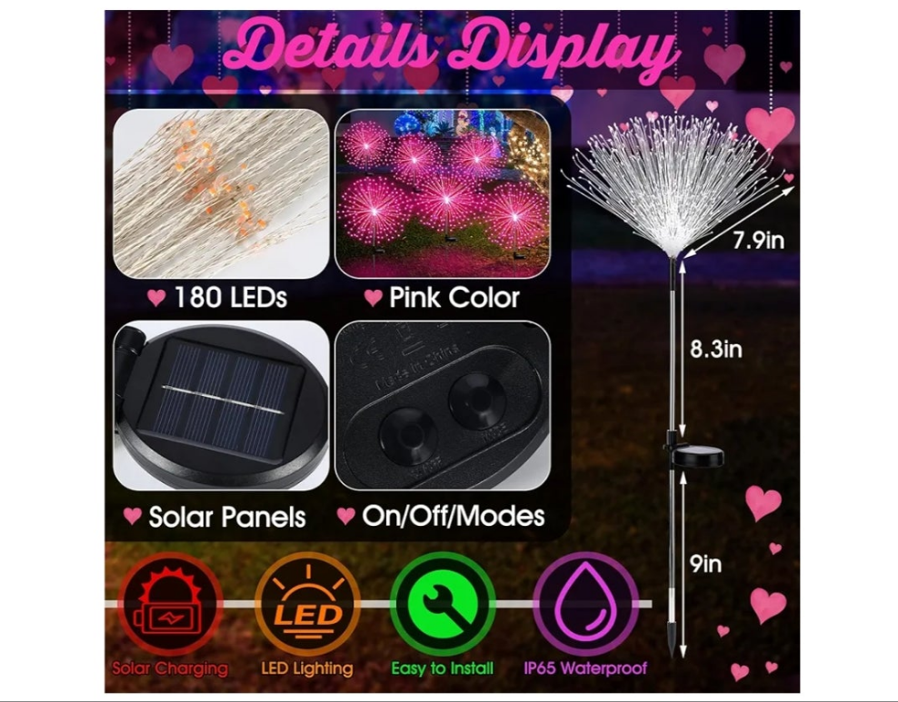 6 Pack pink Solar Firework Lights 180 LED 8 Lighting Modes Waterproof Outdoor Decorative Solar Lights for Easter Wedding Birthday Garden Patio Yard Pathway Walkway Lawn Decor