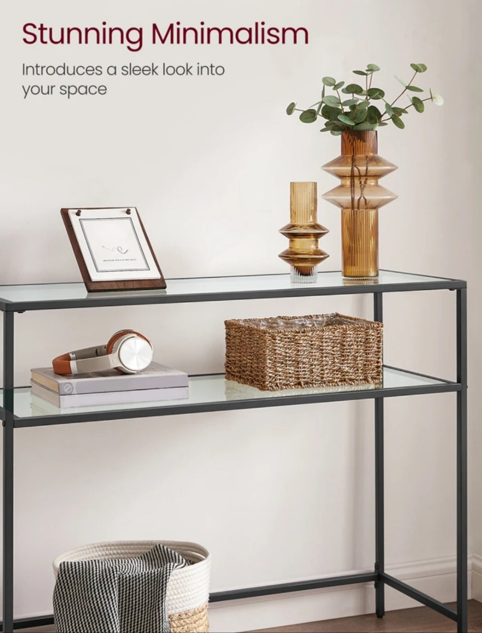 39.4 Inch Console Sofa Table, Modern Entryway Table, Tempered Glass Table, Metal Frame, 2 Shelves, Adjustable Feet, For Living Room, Hallway stainless steel 1 table