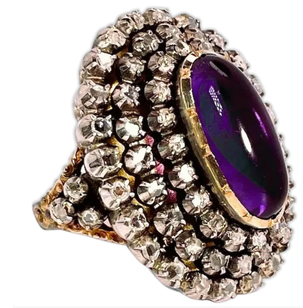 Georgian Diamond Ring 18th Century Amethyst Diamond Ring Marie Antoinette 18K Gold Old Cut Diamond Ring Museum Quality Luxury Diamond Ring Handmade Diamond Ring Dome Bombe 1700s Dress Ring Engagement Ring Wedding Ring Cocktail Ring Large Diamond Ring