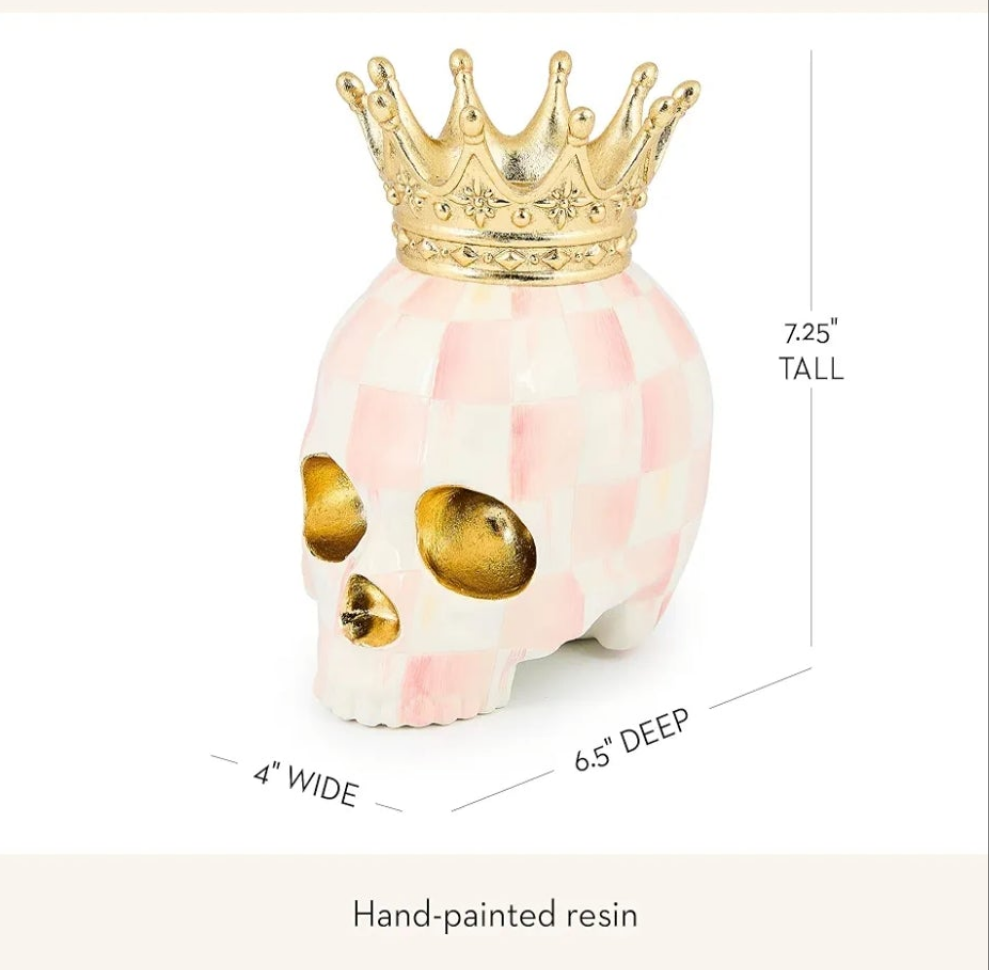 Crowned Skull, Resin Halloween Home Decor, Pink-and-White Rosy Check