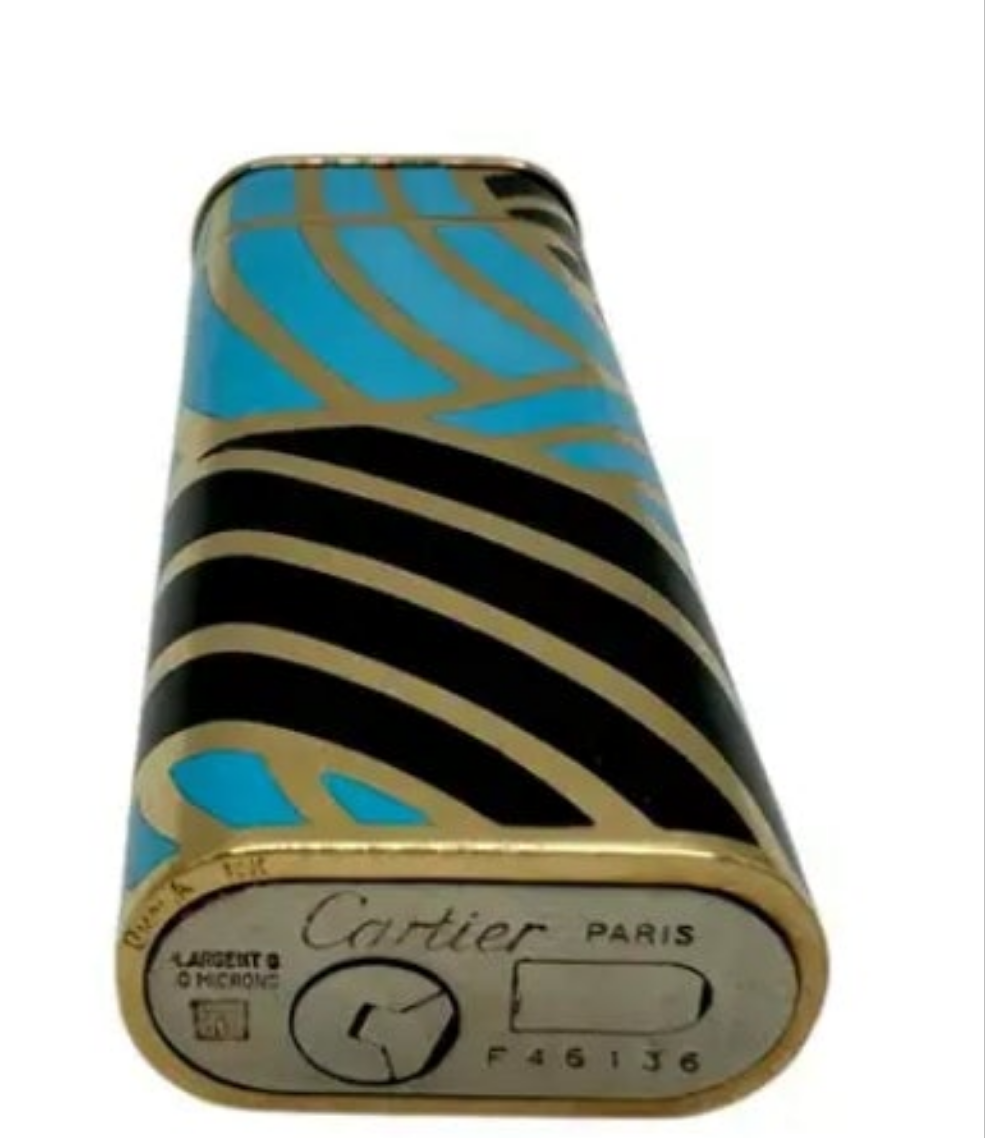18k Gold Cartier Gold and Enamel Lighter with paved diamond cap