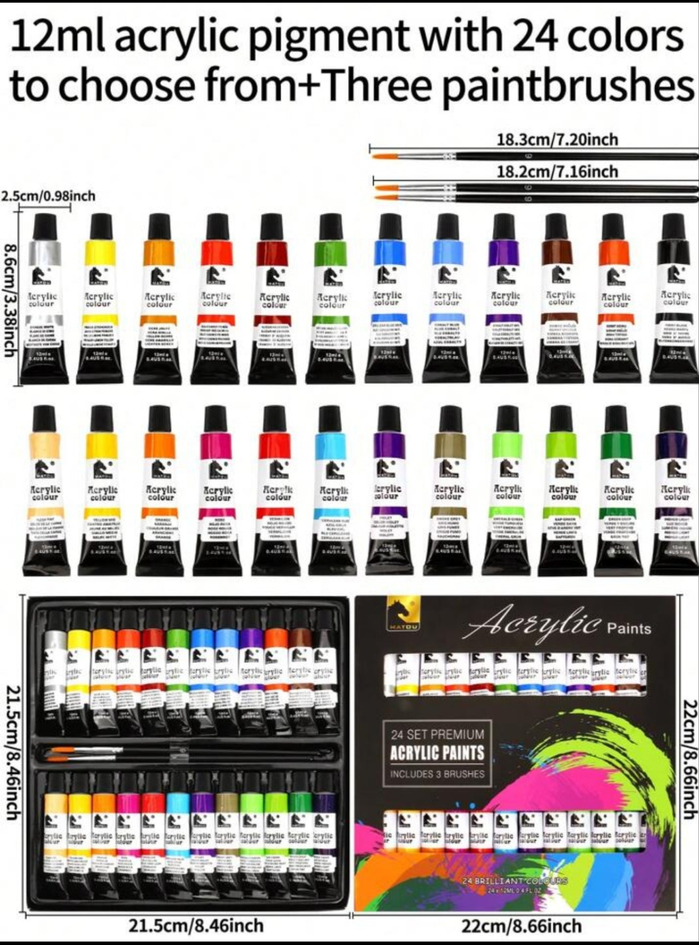 27pcs Acrylic Paint Kit, 24 Colors Aluminum Tube Acrylic Paints Set With 3 Wooden Handled Nylon Hair Brushes aluminum tube