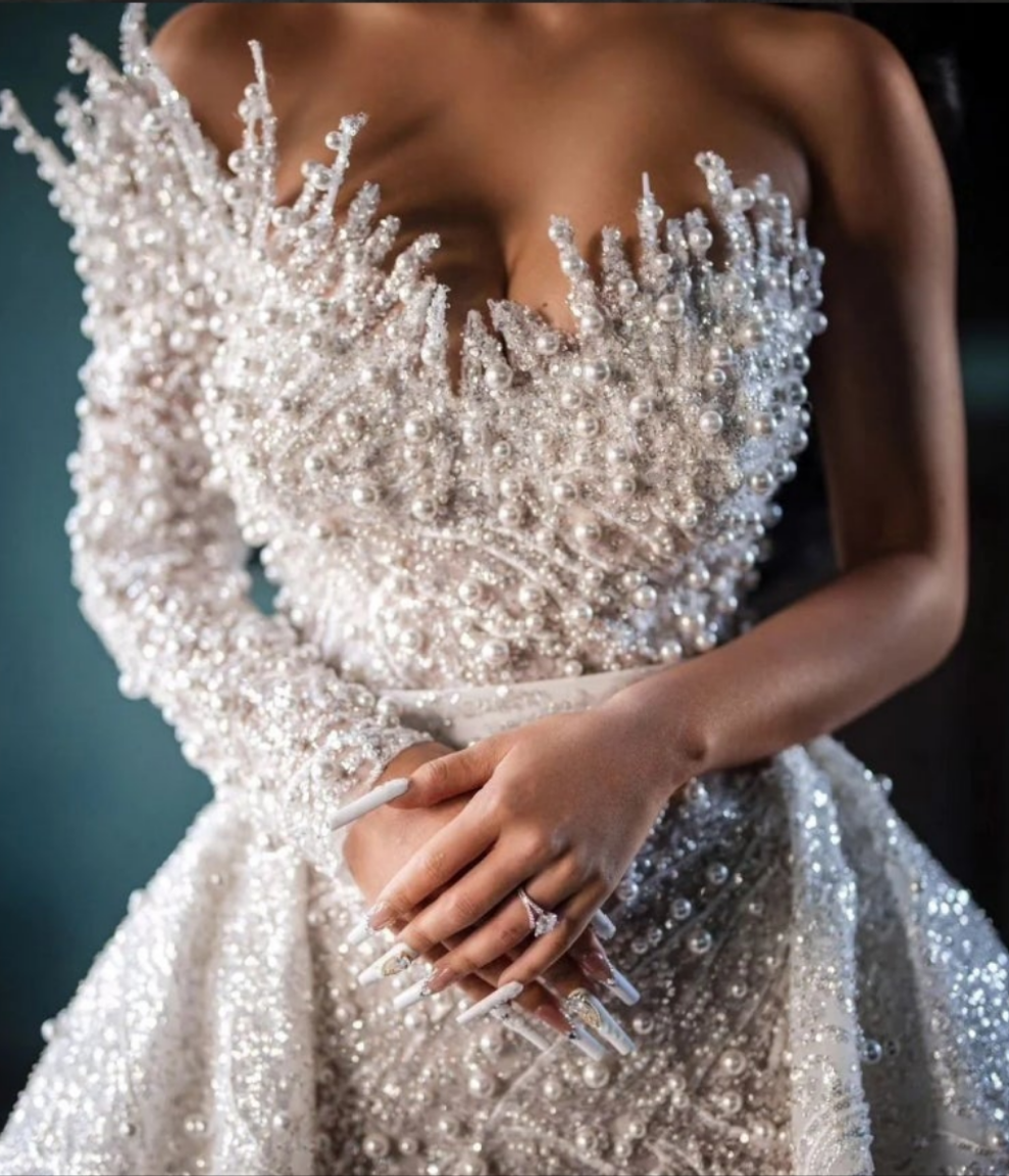 Stunning Long White One Shoulder A-line Beading Pearls Long Sleeve Weeding Dress With Train