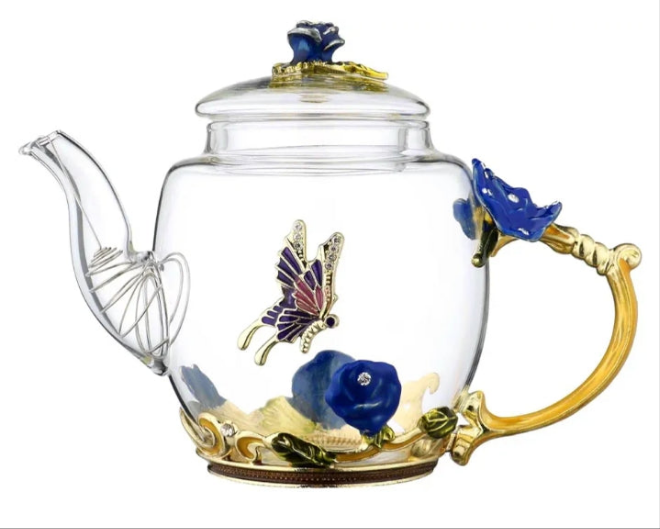 Teapot -300 ml (10 oz) - Flower Butterfly Decoration Heat Resistant Glass Teapot Kettle Loose Leaf Teapot Tea Party glass