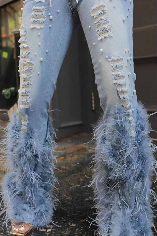 Pearl Feather Jeans Stretch Straight Leg Distressed Denim Pants