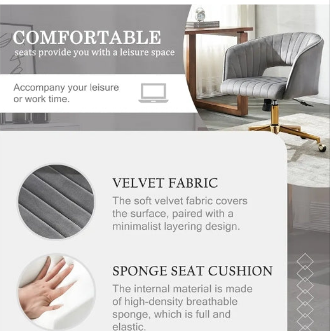 Office Chair Swivel Velvet Desk Chair, Vanity Chair with 360 Swivel Armchair and Gold Base,for Living Room, Bedroom, Vanity, Study