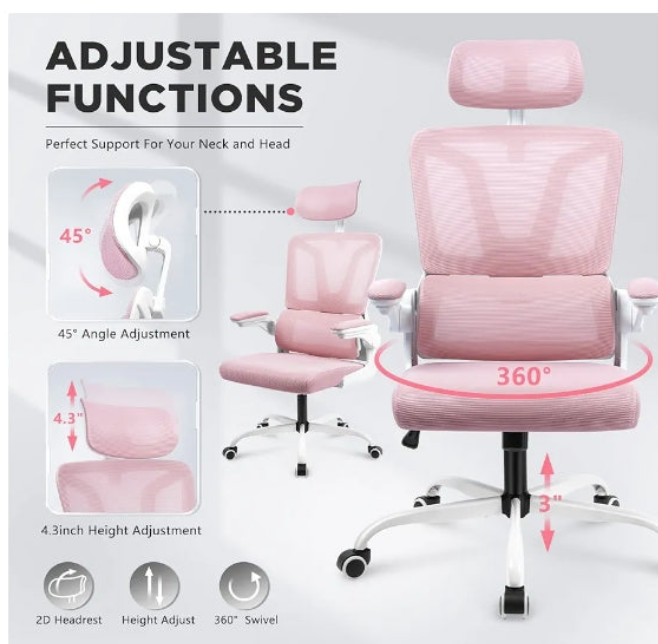 Office Chair with Lumbar Support Pillow, Ergonomic Chair with Headrest & Flip-up Arms, Mesh Office Chair Rocking Function, High Back Home Office Desk Chairs