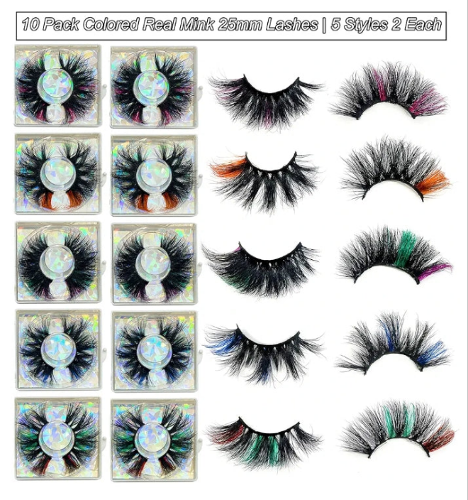 25mm Lashes with Color Ninglash 10 Pack Colored Real Mink EyeLashes with Color 5 Styles Mix Long Color Eyelash Dramatic Look Full 9D Fluffy lashes