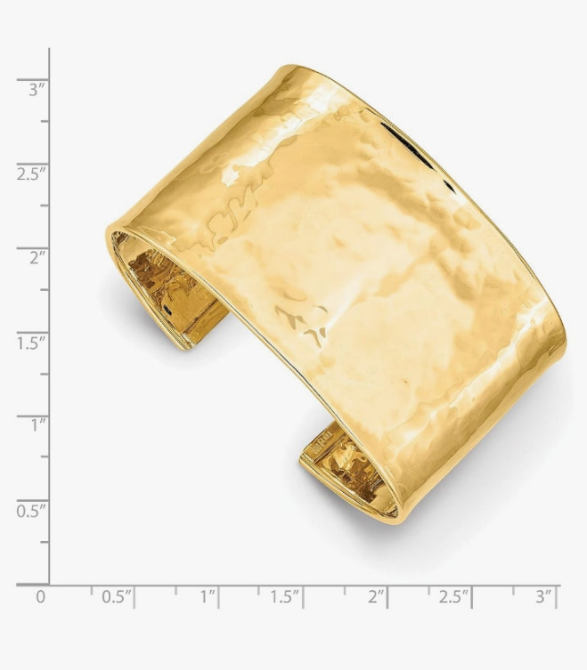 14K Yellow Gold 37mm Hammered Polished Cuff Bangle Bracelet