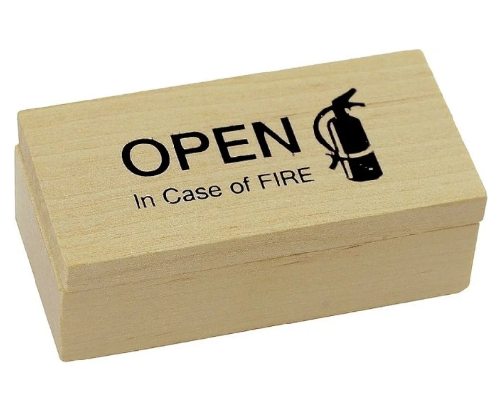 Surprise Open in Case of Fire Wooden Box Gag Gift Practical Joke Prank Toy
