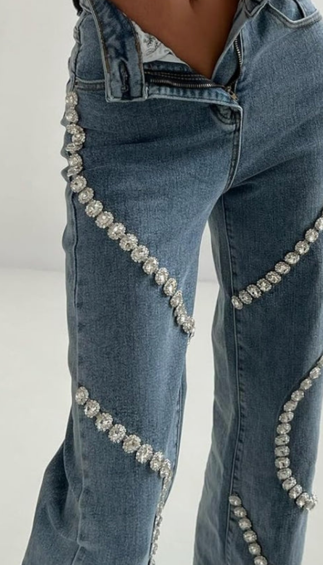 High waist Jeans Rhinestone Trim Bling Baggy Denim Pants Straight Wide Leg Trousers Streetwear