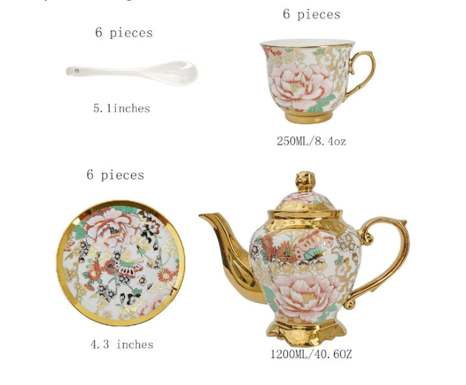 Gold Plated Red Rose Ceramic Tea Set, Vintage Tea Set with Teapot, Beautiful Tea Set Coffee Serving 6 People (red, large)