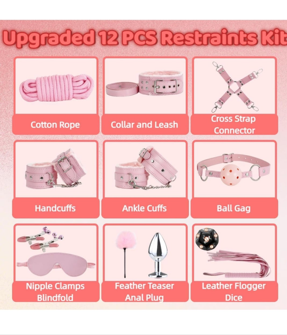 Sex Bondage Restraint Kits BDSM Toys 12 Pcs Handcuffs Ankle Cuffs Anal Plug Nipple Clamps Ball Gag Blindfold Rope Leather Restraints Set Adjustable for Adult Beginners (Pink)