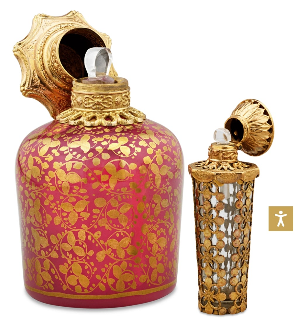 Fabulous Piece A Palais-Royal Mother-of-Pearl Perfume Box and Flasks made of crystal gilt bronze and pink opaline glass. Absolutely stunning. π