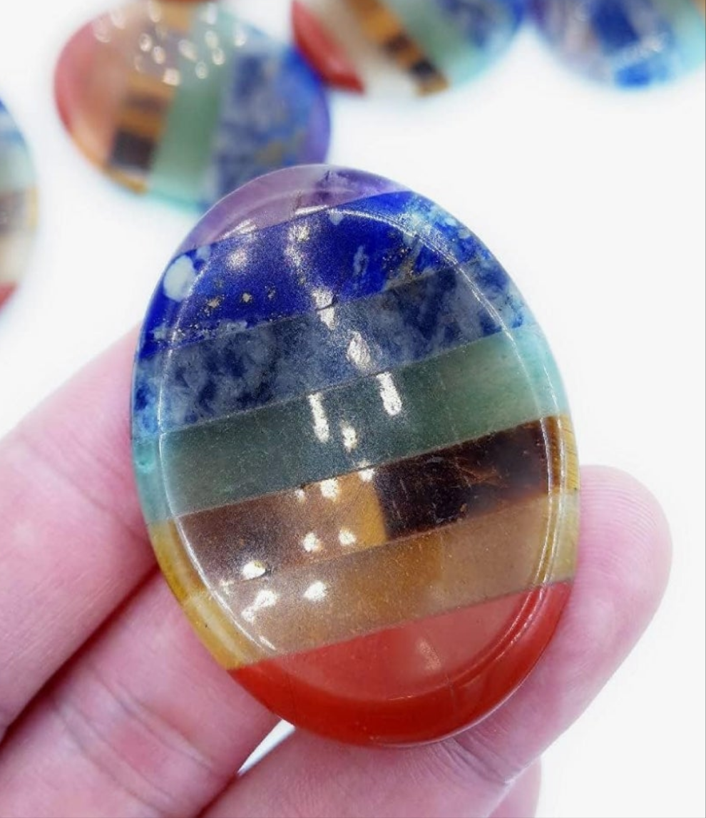 Thumb Worry Stone for Anxiety, 7 Chakra Crystals Healing Stones, Oval Chakra Worry Stone, Meditation Crystal