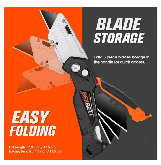 REXBETI Retractable Folding Utility Knife, 6 Pack, SK5 Heavy Duty Box Cutter for Cartons, Cardboard and Boxes, Blade Storage Design, Extra 20 Blades Included