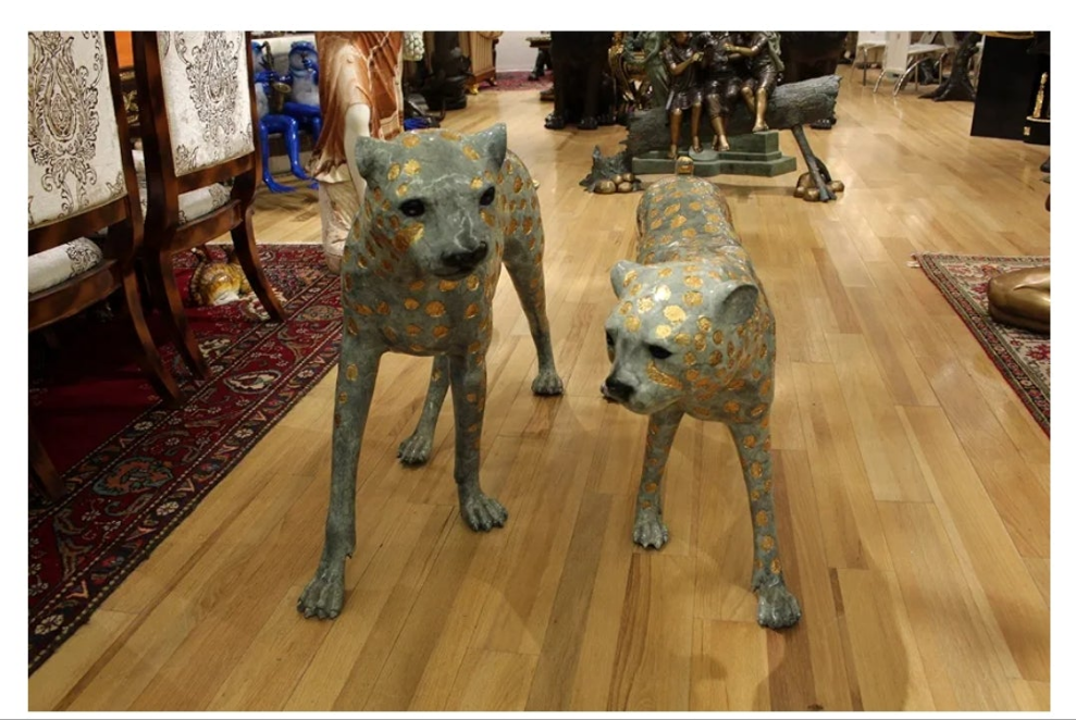 Pair of Golden-Plated Cheetahs Bronze Statue - Size: 58" L x 10" W x 31" H.
