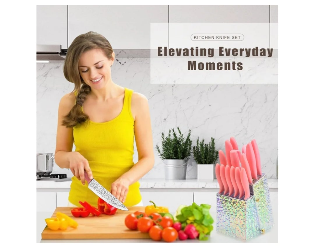 Kitchen Knife Set Non Stick Knives with Storage Serrated Steak Knife, Chef Knife, Bread Knife, Scissors, Sharpener, 15Pcs Sharp Cutlery Block Sets for Home & Pro Use Pink Handle Stainless Steel Blade