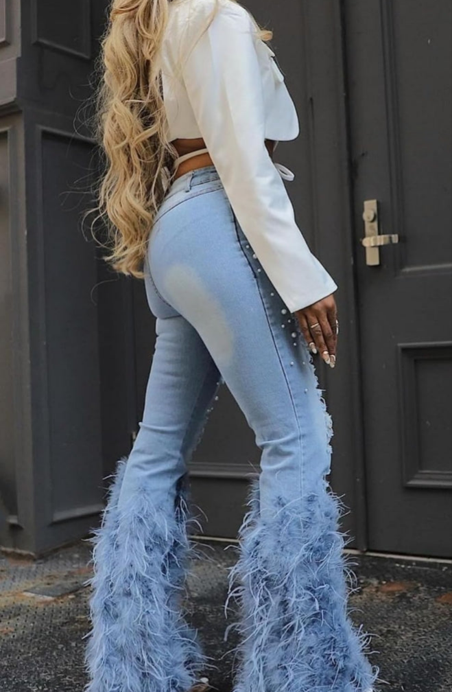 Pearl Feather Jeans Stretch Straight Leg Distressed Denim Pants