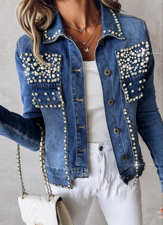 Pearls Denim Jacket Cropped Rhinestones Jean Blazer Coat