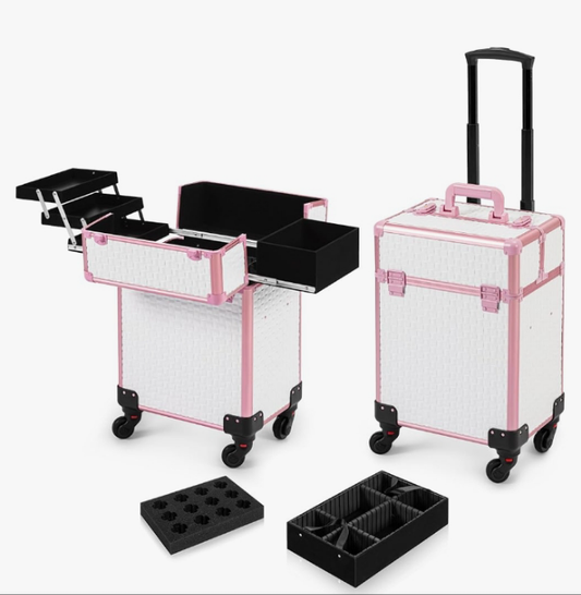 Rolling Makeup Train Case, Large Storage Cosmetic Trolley 4 Tray with 360° Swivel Wheels Keys, Large Storage Traveling Cart Trunk, Cosmetic Train Cases for Nail Technicians Hairstylist,