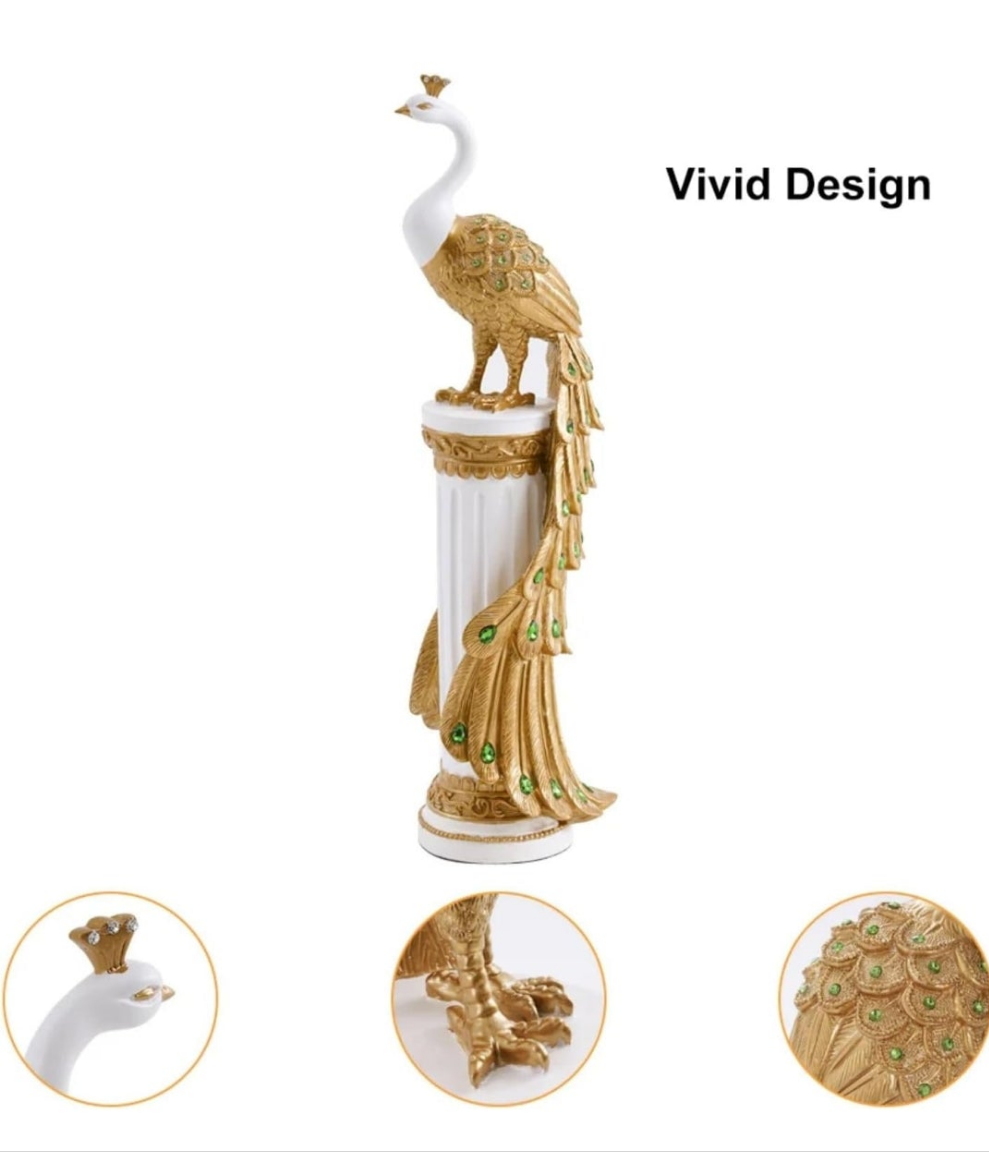 27.6" Decorative Peacock Statue Large Glam Animal Sculpture Resin Crafts Home Decor for Art Ornament (White & Gold)