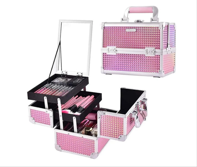 Makeup Train Case Cosmetic Box 2-Tier Tray Jewelry Storage Organizer with Mirror Key Lock Portable Carrying Makeup Box