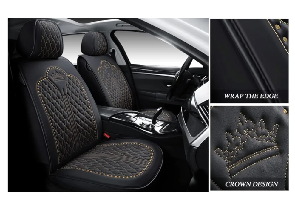 Crown Full Set Universal Fit 5 Seats Car Surrounded Waterproof Leather Car Seat Covers Protector Adjustable Removable Auto Seat Cushions with 2 Waist Pillows 2 Headrest Pillows