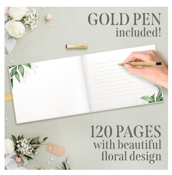 Wedding Guest Book with Floral Design, Elegant Memory Book for Weddings, Anniversaries and Special Events, 9"x7" Hardcover Guestbook with 120 Pages, Includes Magnetic Gift Box and Pen
