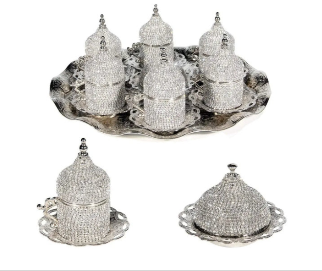 27 Pc Turkish Greek Arabic Coffee Espresso Cup Saucer Swarovski Crystal Set