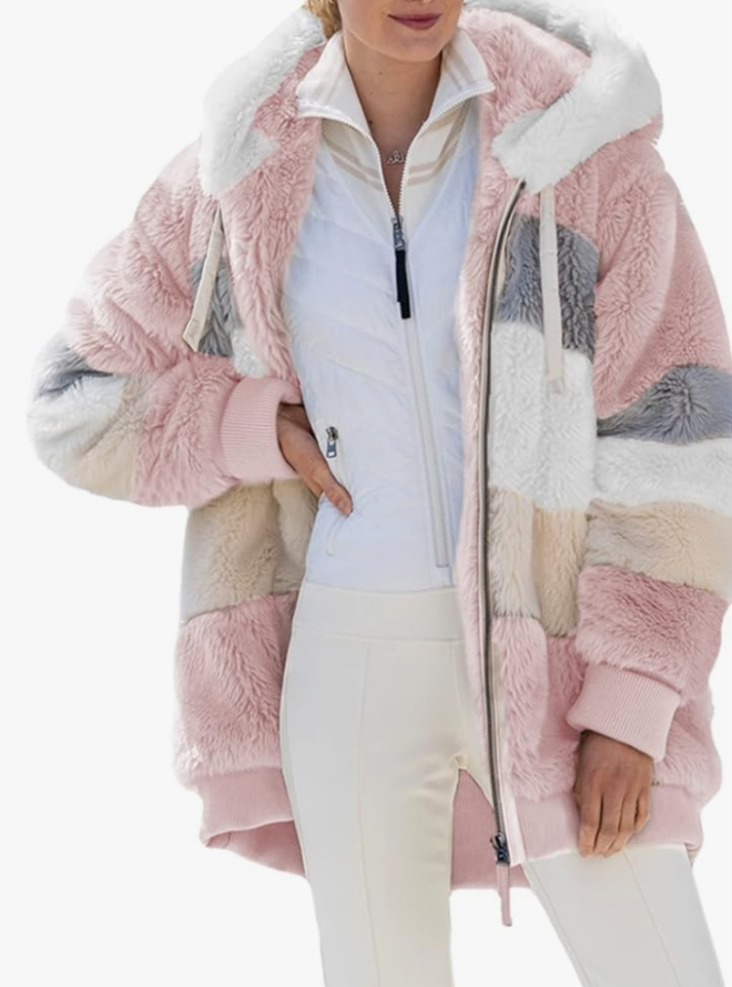 Fuzzy Fleece Jacket Hooded Color Block Patchwork Cardigan Coats Outerwear with Pockets