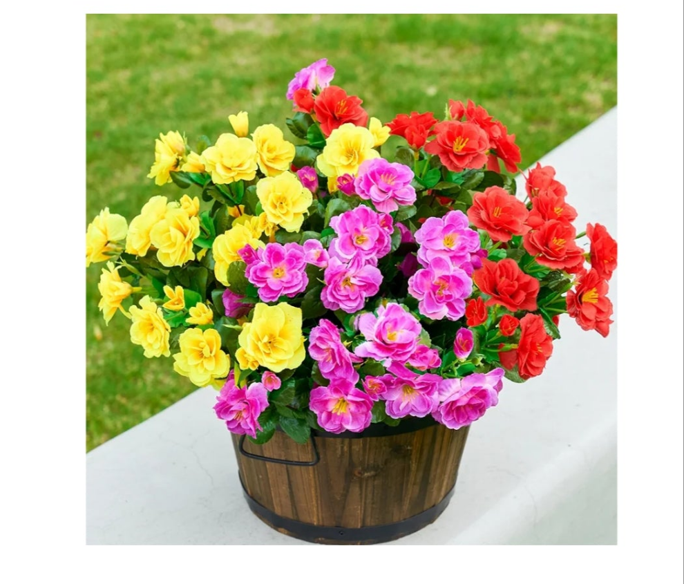 3pack Artificial Faux Flowers Plants for Outdoor Outside,Fake Silk Colorful Camellia UV Resistant Look Real and 3 Planter Pots Porch Patio Balcony Garden Yard Home, 3 Bundles flowers