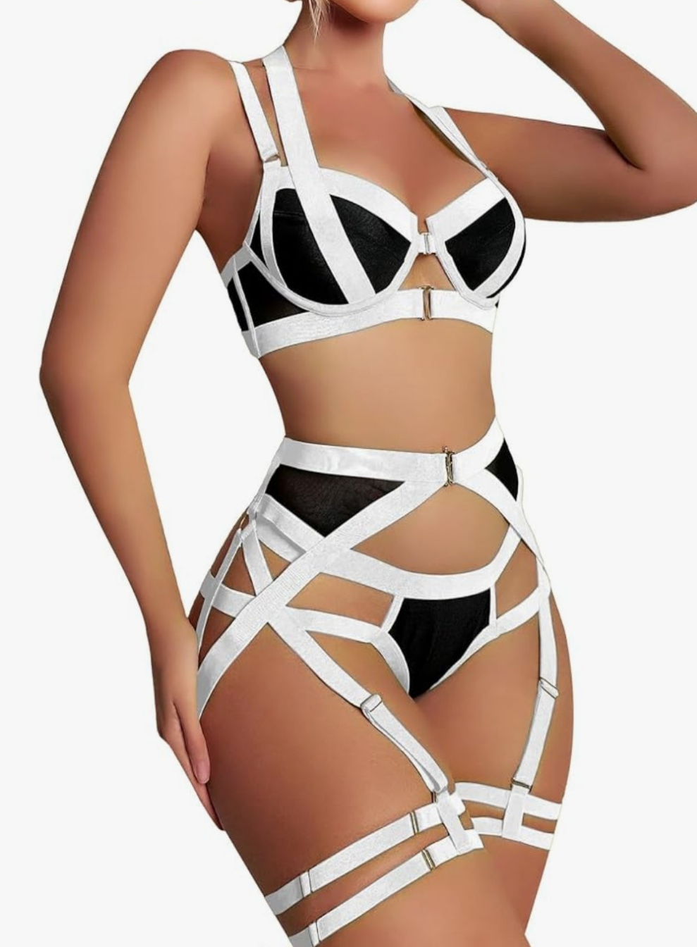 Sexy Strappy Underwire Push Up Garter Belt Women Lingerie Set Harness Cutout Outfits Matching Bra Panty 3 Piece Cocomoney