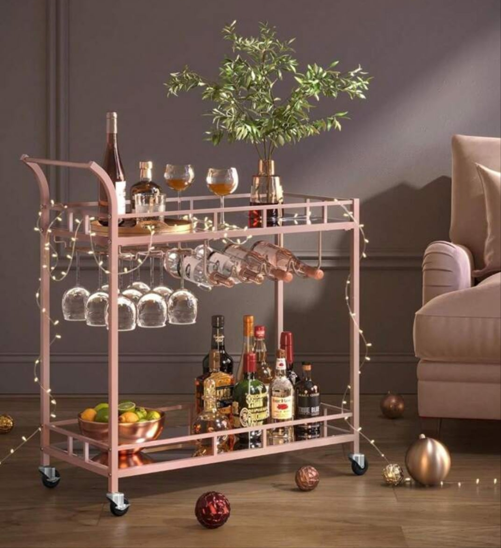 Bar Cart , Home Bar Serving Cart, Wine Cart With 2 Mirrored Shelves, Wine Holders, Glass Holders, For Kitchen, Dining Room stainless steel