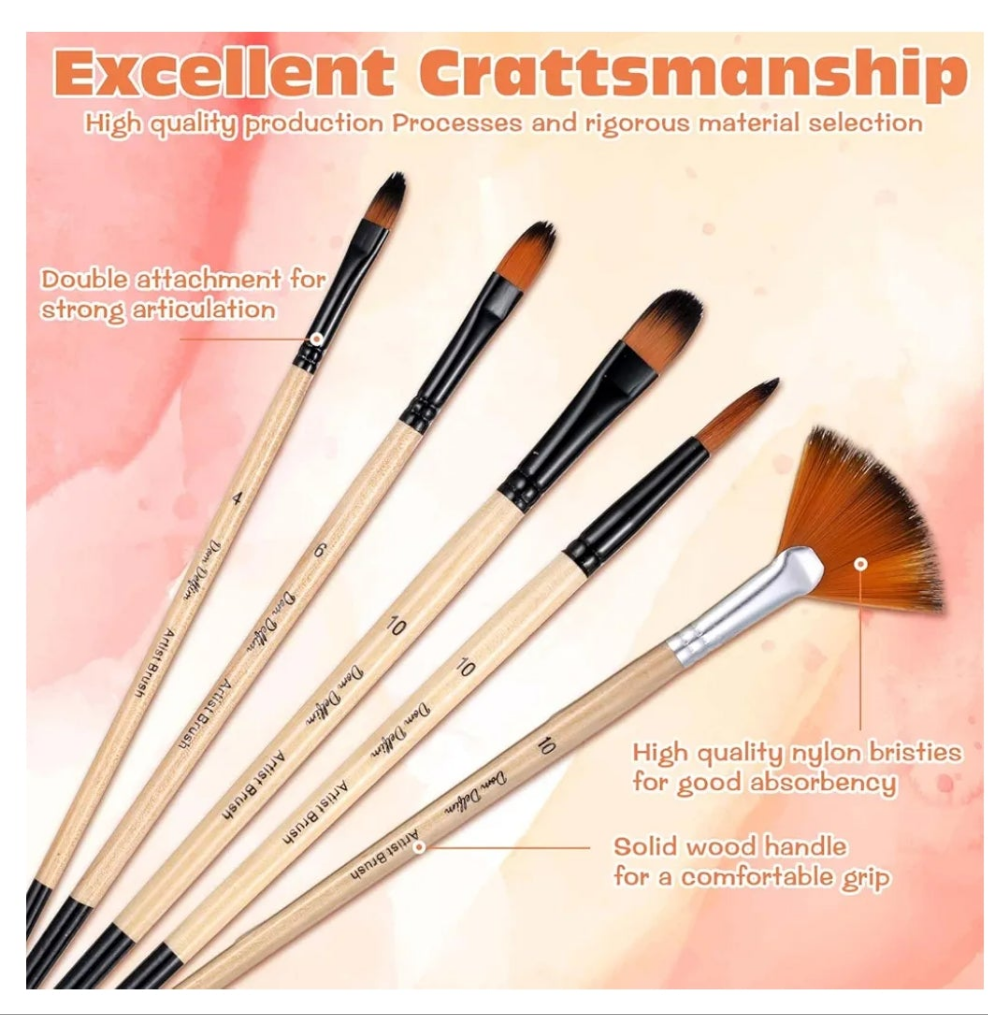 32 Pieces Paint Brush Set, Artist Series, Nylon Bristles with Round, Filbert, Flat, Fan, Angle, Detail Brush, Suitable for Artists and Beginners for Acrylic Painting, Oil, Watercolor, Gouache